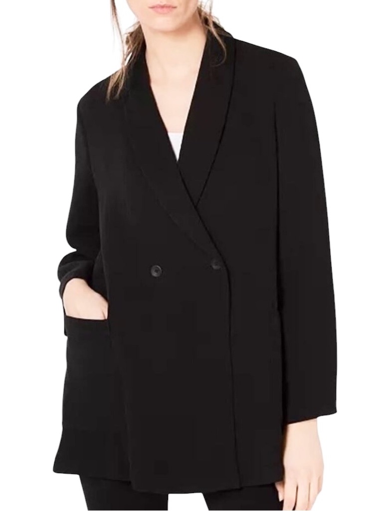 Eileen Fisher Long Blazer Silk Blend Black Oversized Minimalist Jacket Sz S